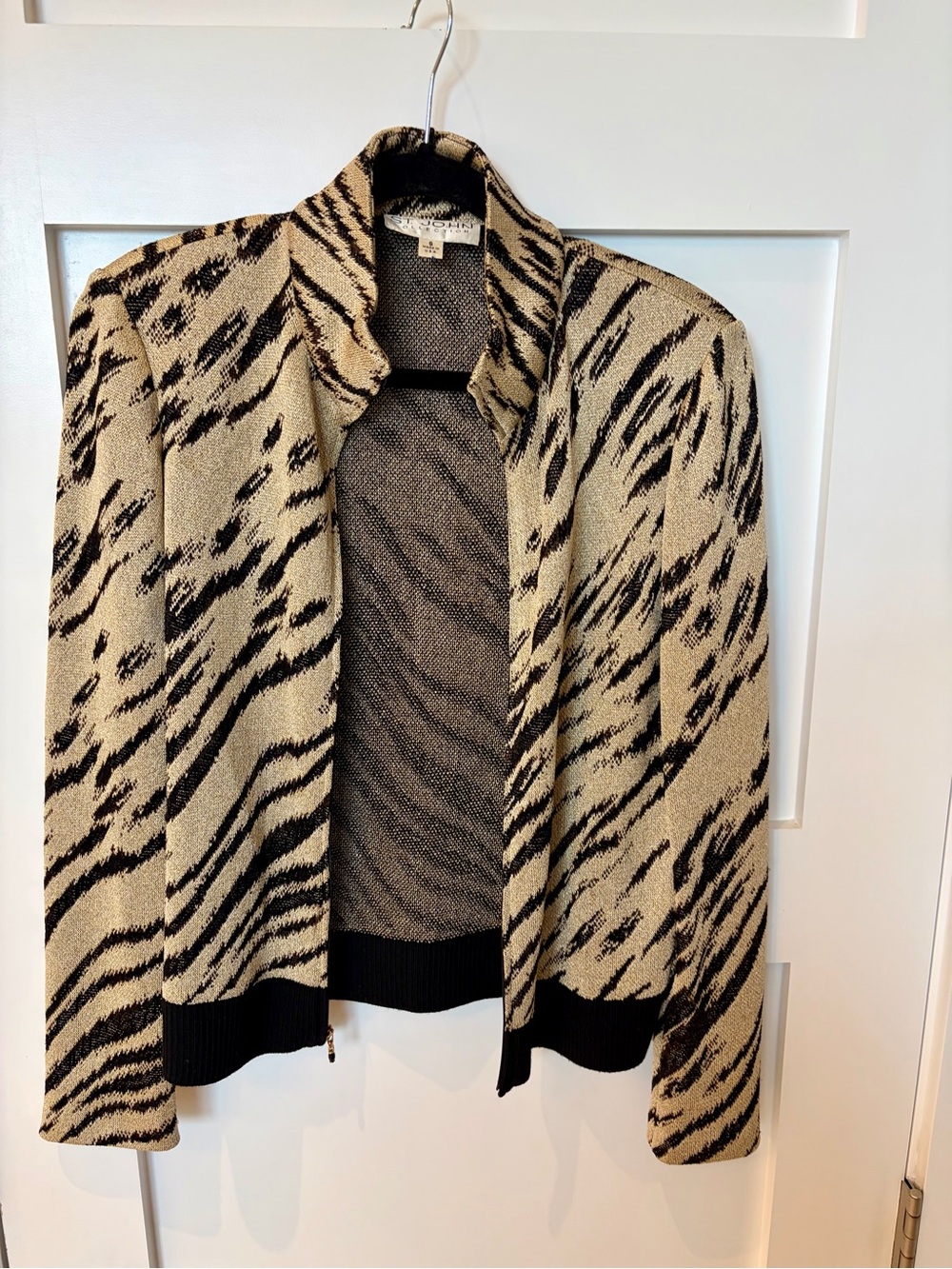 St. John Collection Beige and Black Animal-Print Open Knit Jacket